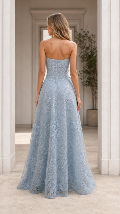 Back view of light blue strapless A-line evening dress