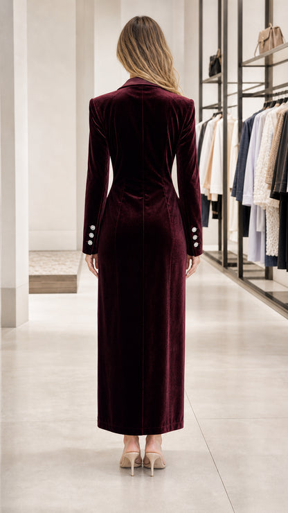 Back view of tailored long velvet blazer dress
