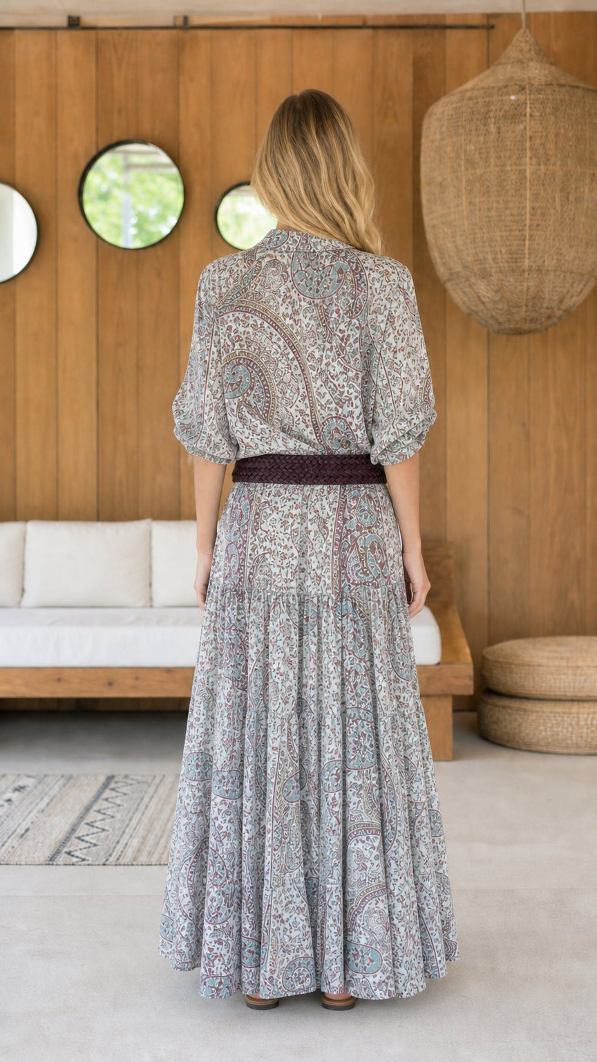 Back view of grey paisley maxi dress