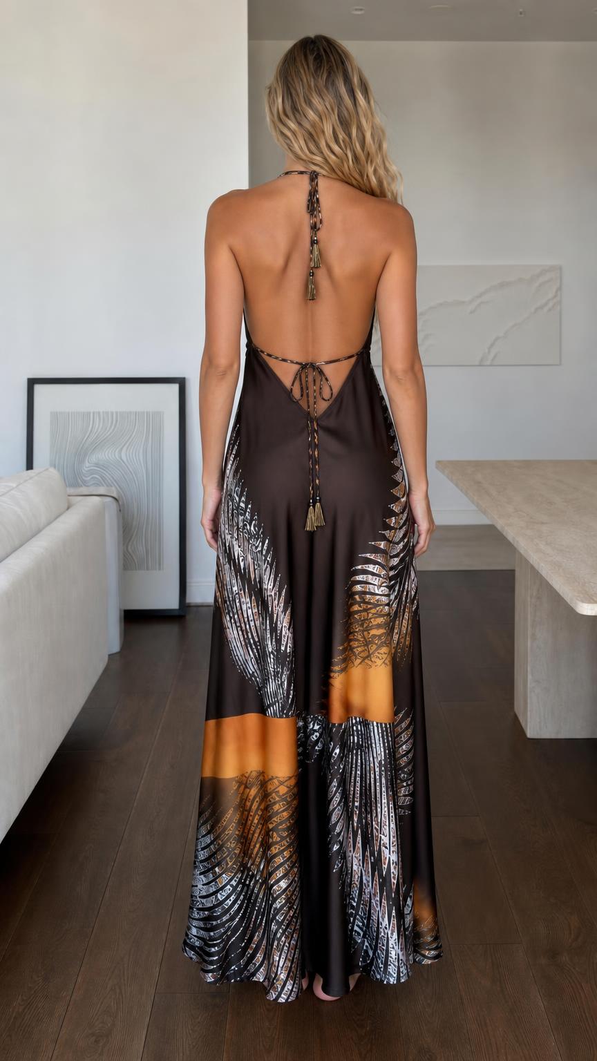 Model wearing Brown halter neck printed maxi dress, back view