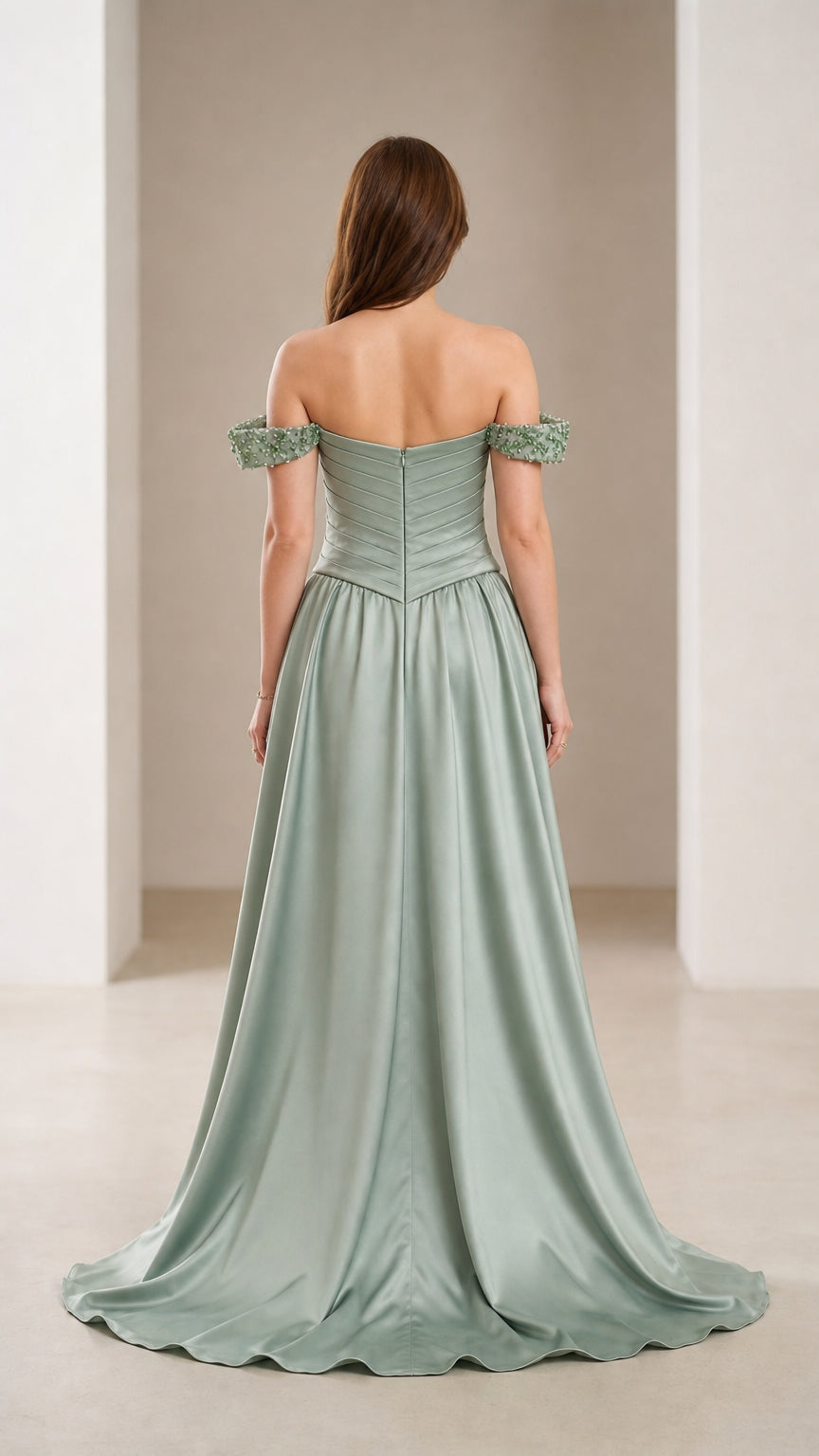 Back view of sage green evening dress with train