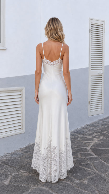 Back view of Ivory satin maxi dress