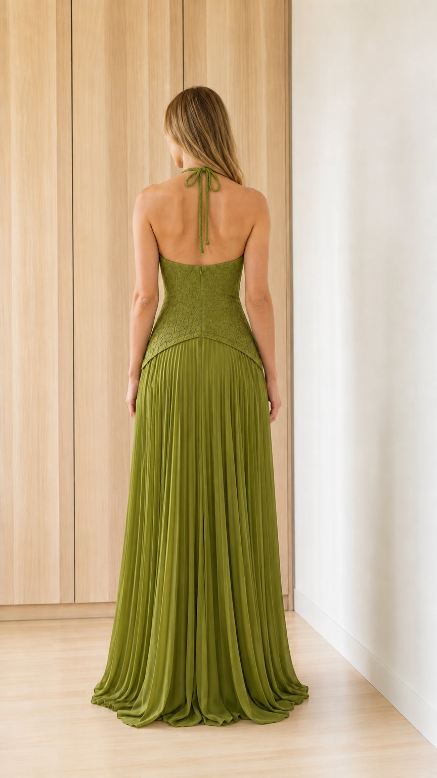 Back view of olive maxi dress showing halter tie details