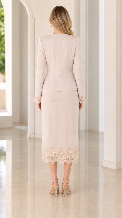 Back view of elegant champagne midi skirt suit with lace hem