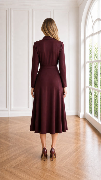 Back view of tailored burgundy long sleeve midi dress showing flowing A-line skirt
