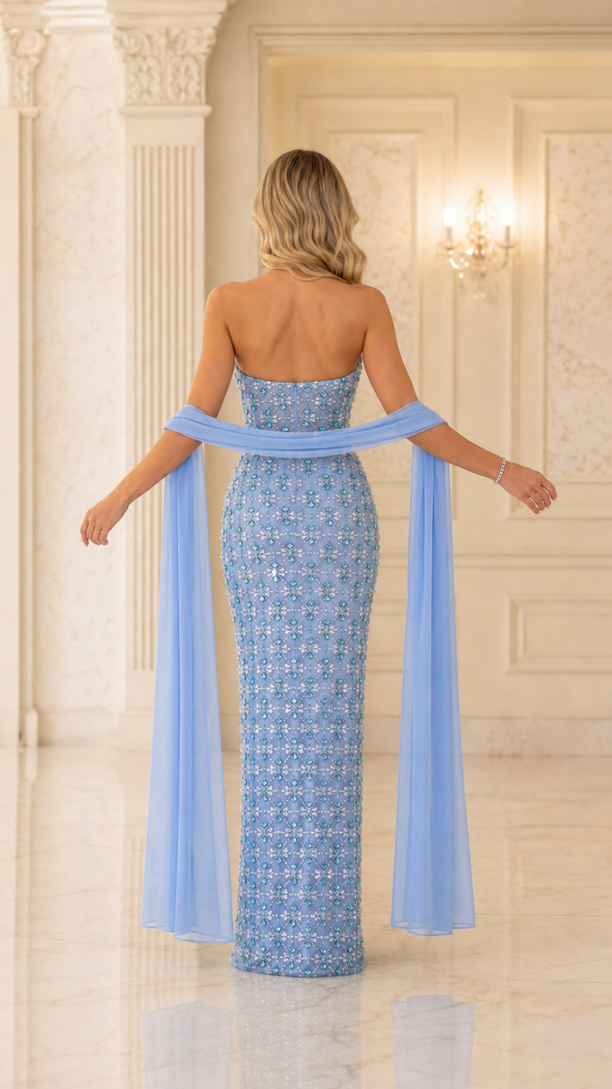 Back view of light blue formal dress with chiffon arm drapes