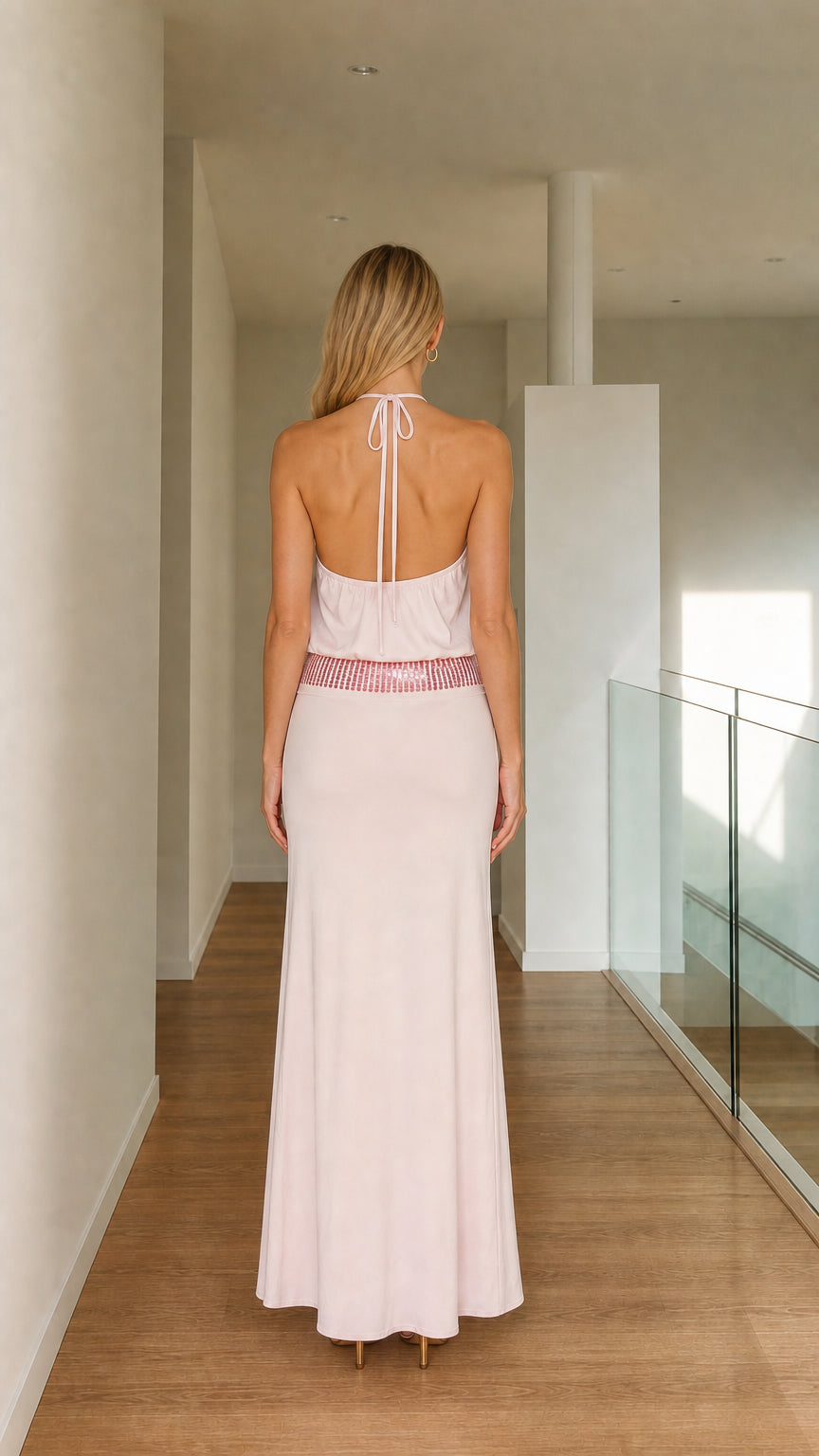 Back view of Light Pink maxi dress showing tie closure