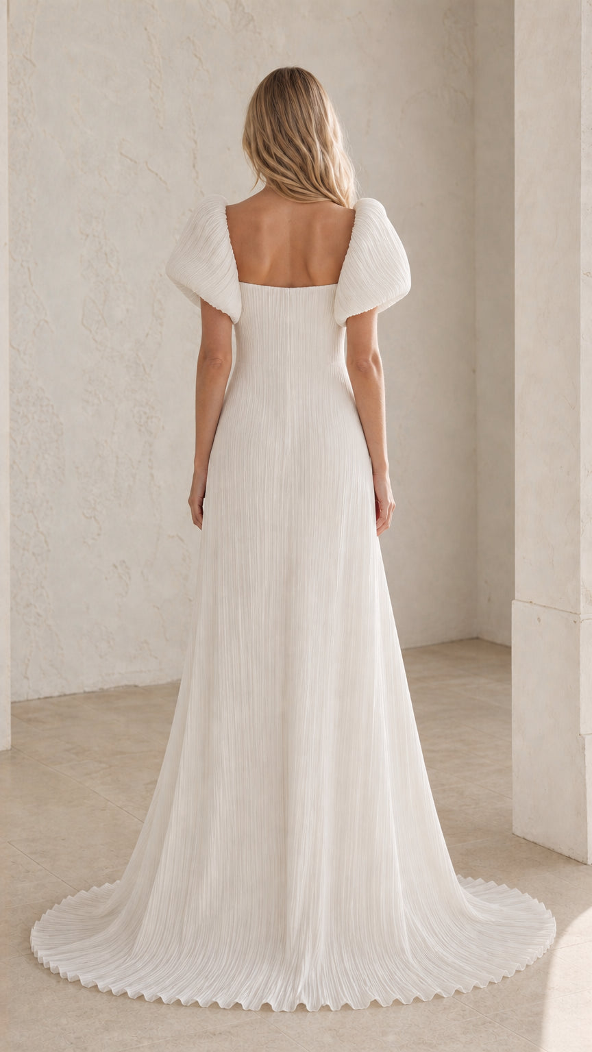 Back view of White puff sleeve maxi dress