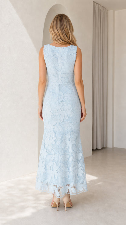 Back view of model in light blue sleeveless lace maxi dress