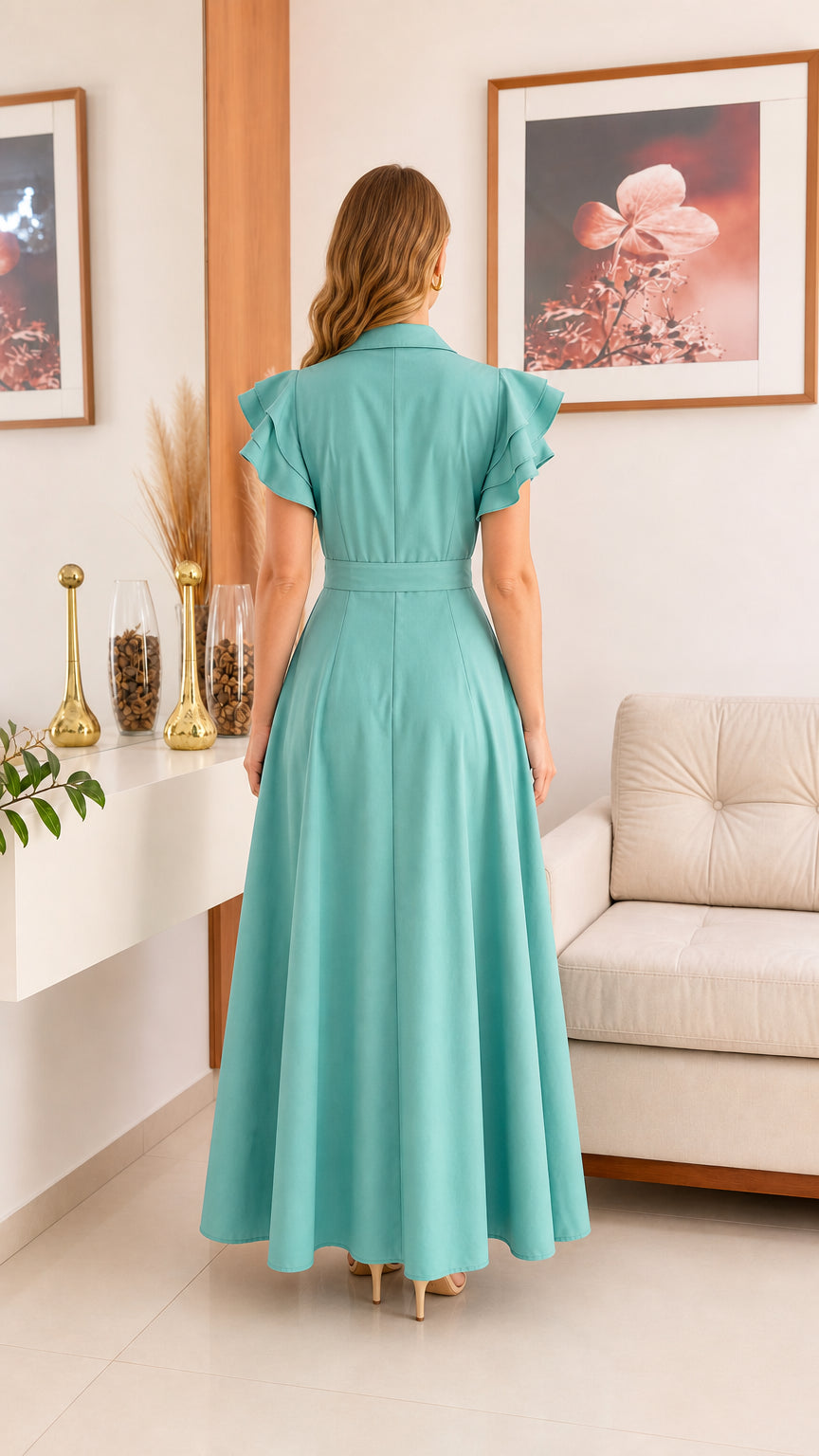 Woman wearing teal ruffle sleeve shirt dress back view
