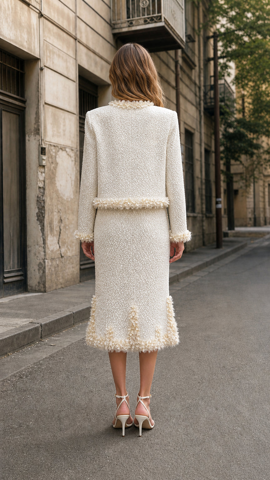Back view of cream tweed set
