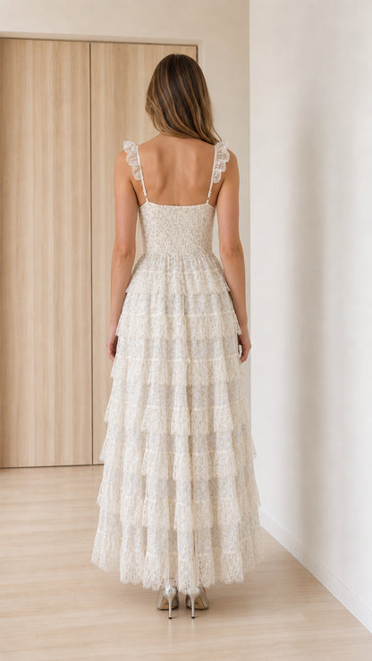 Back view of ivory tiered lace maxi dress