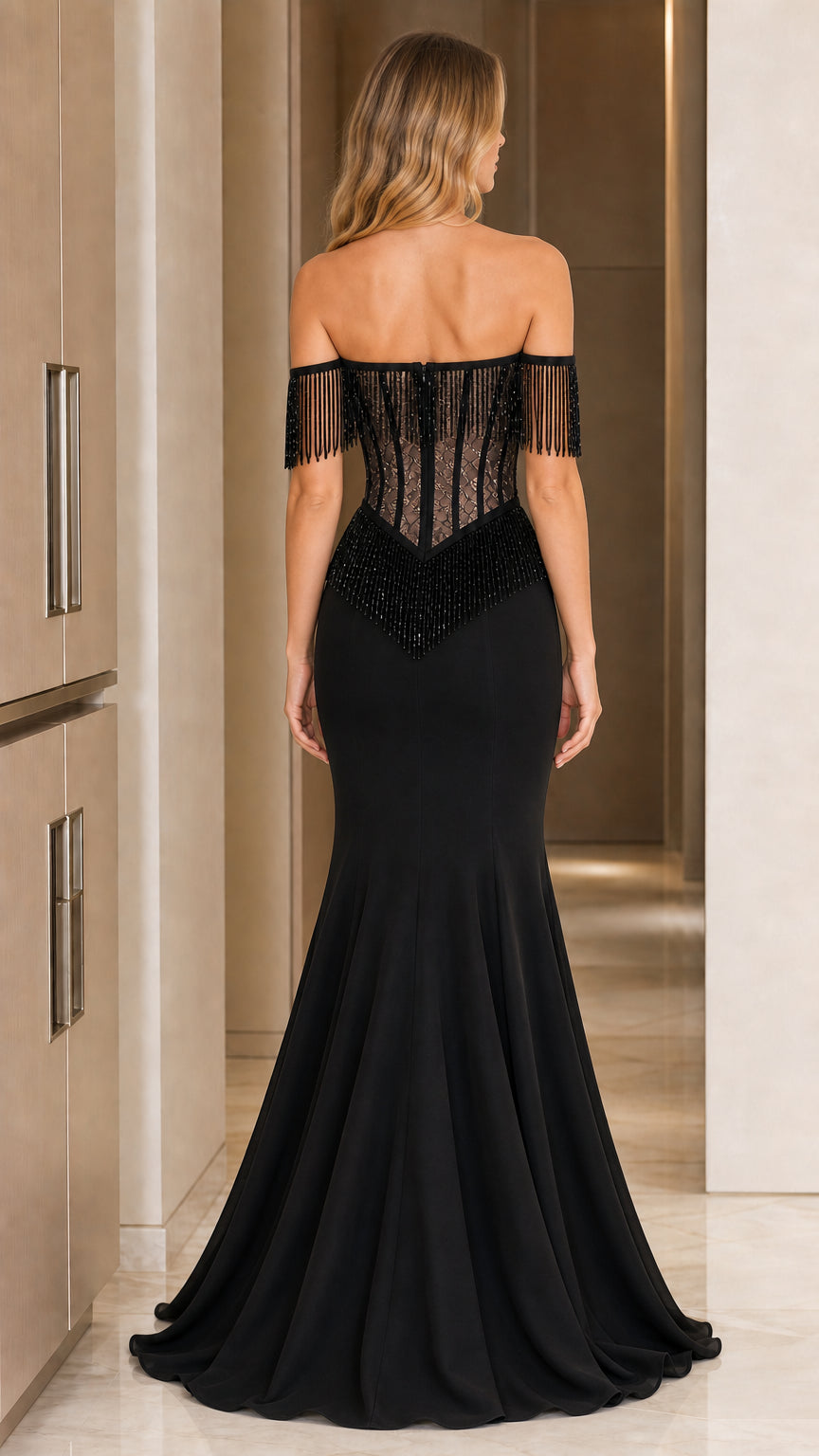 Back view of black off-shoulder evening dress