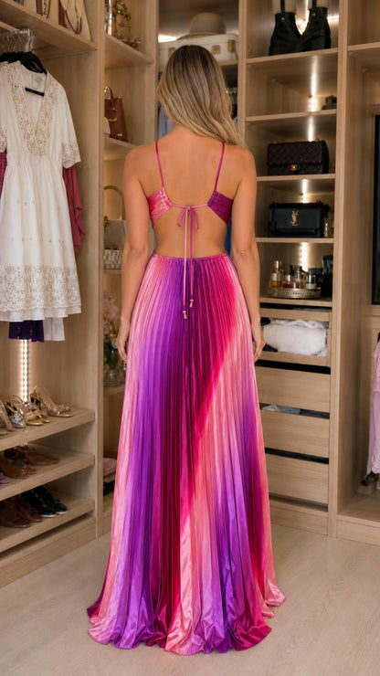 Back view showing open back and ties of the multi pink maxi dress