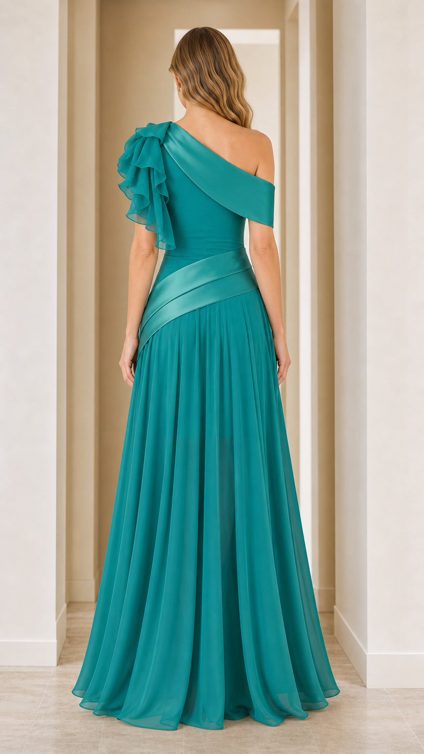 Model wearing teal evening gown back view