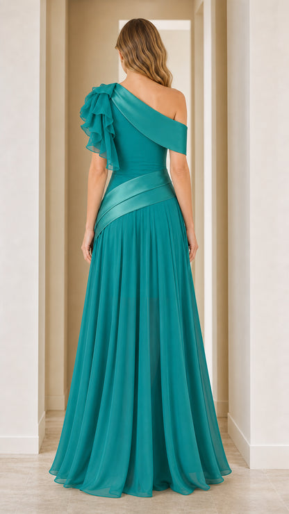 Model wearing teal evening gown back view