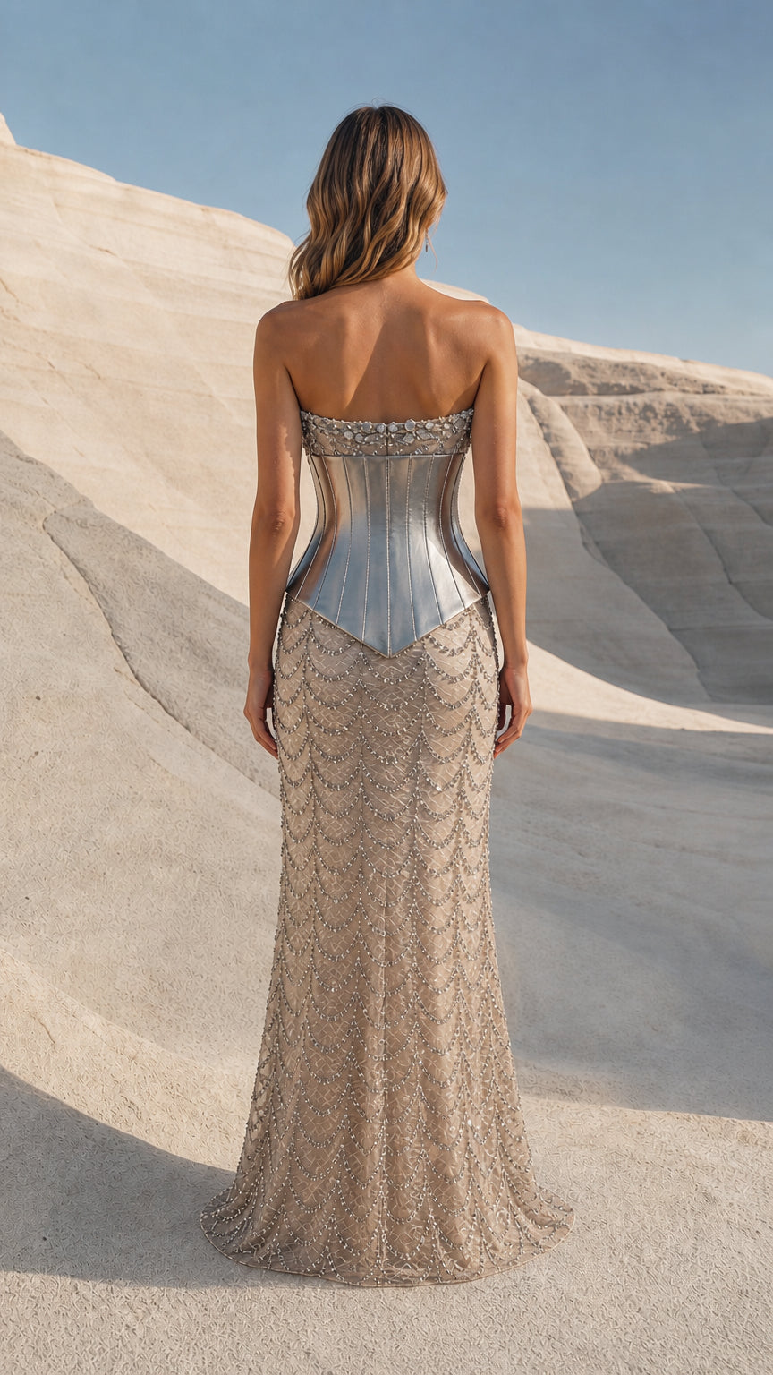 Back view of model wearing Silver strapless embellished maxi gown with corset bodice
