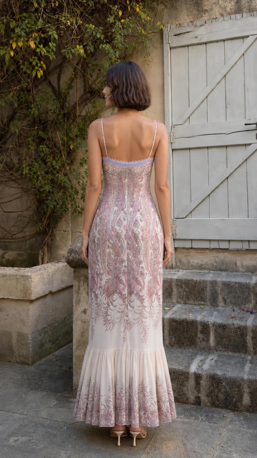 Back view showing strap details of pink paisley maxi dress