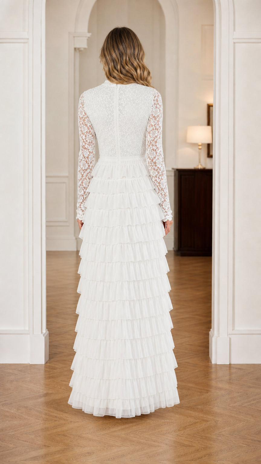 White tiered ruffle lace maxi dress back view