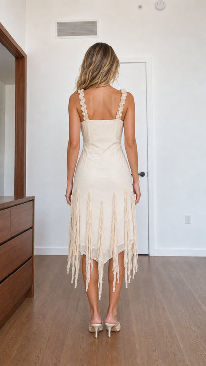 Full back view of Champagne fringe slip dress