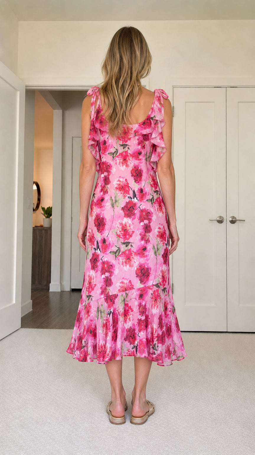 Back view of model showing ruffled shoulder details on pink floral dress