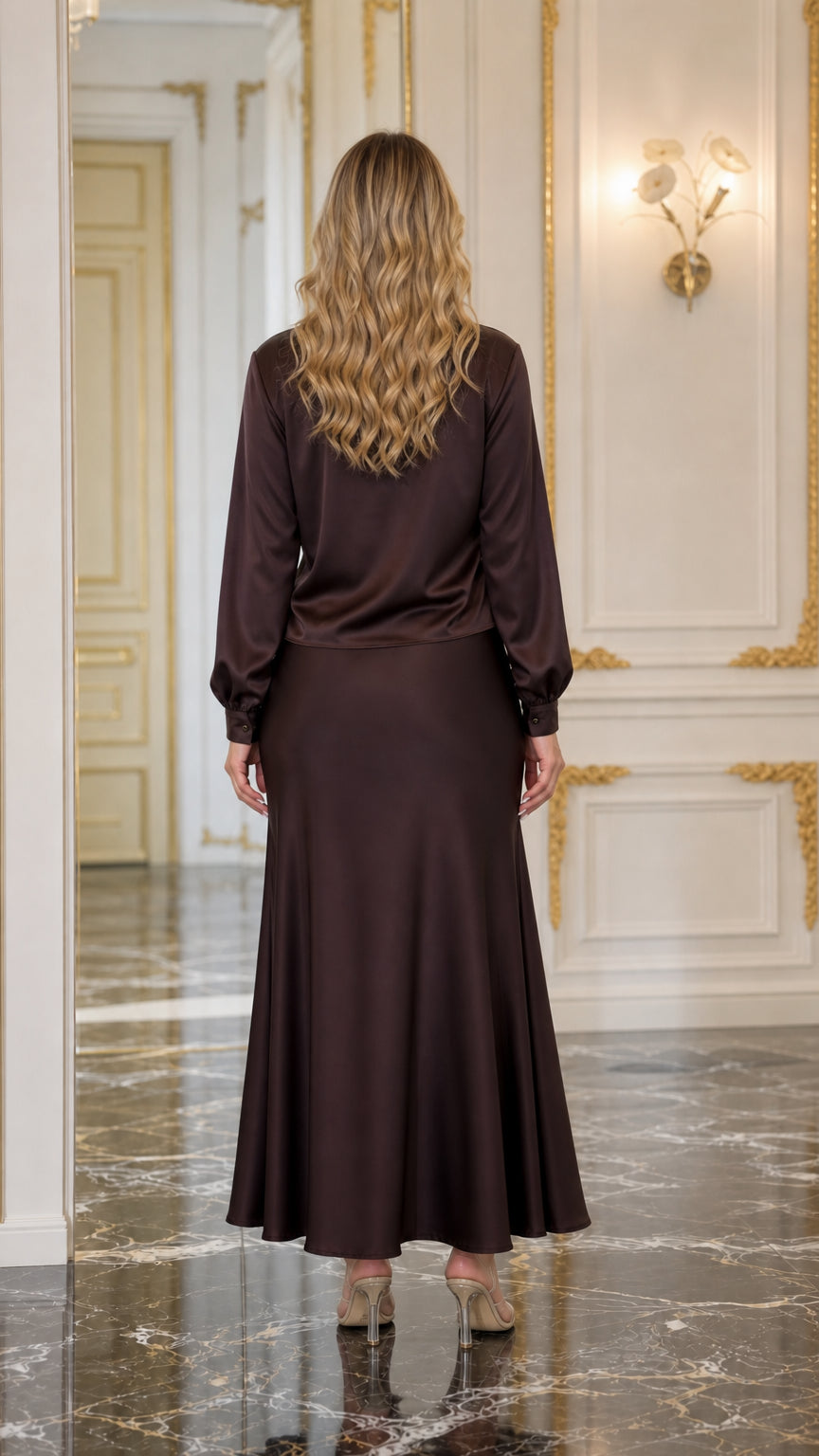 Back view of brown satin blouse and maxi skirt