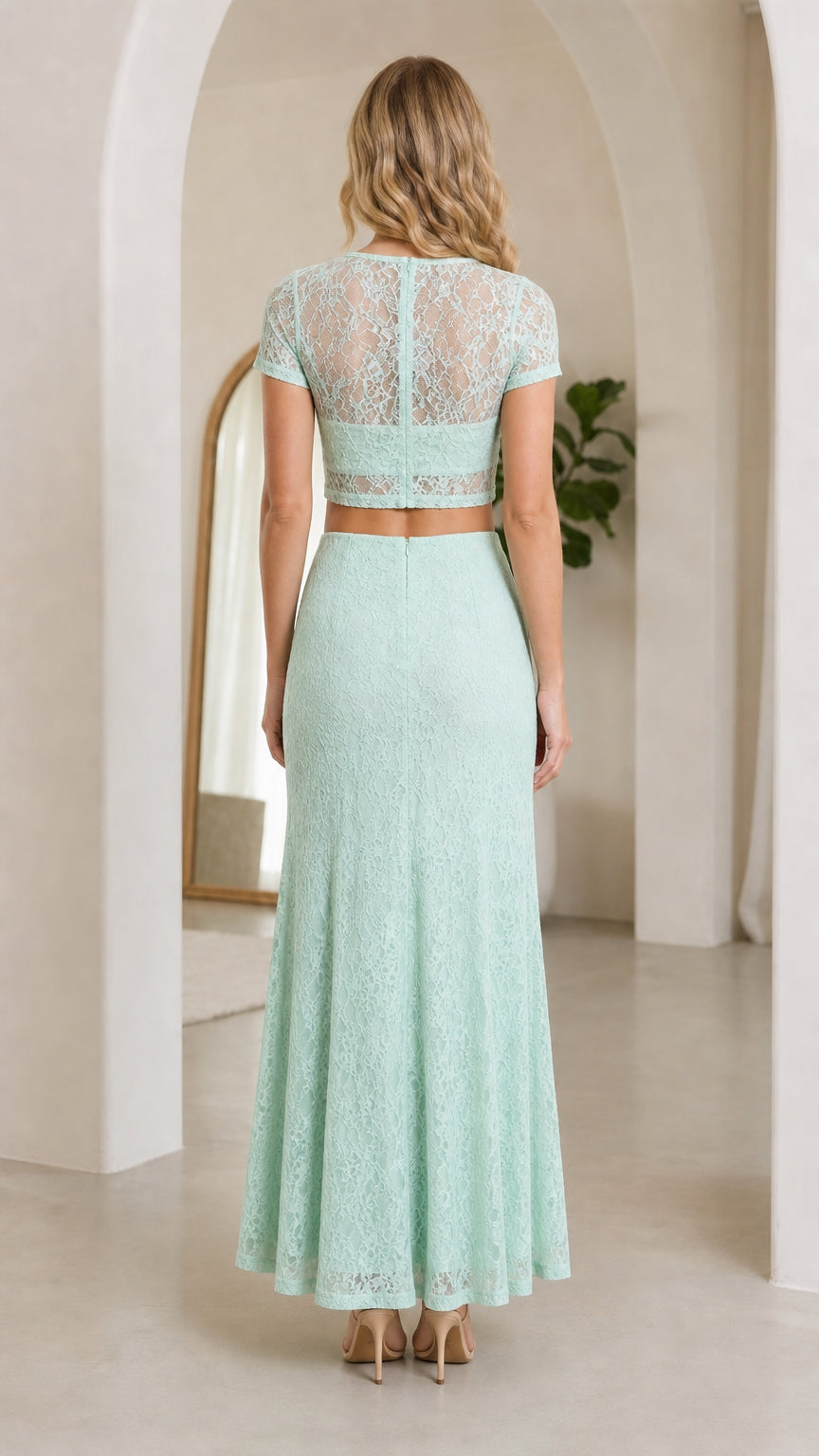 Back view of mint lace crop top and maxi skirt set