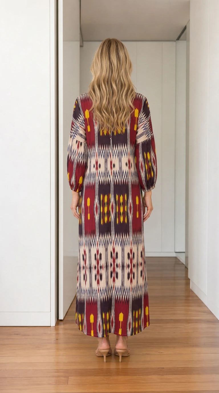 Back view of burgundy printed maxi dress