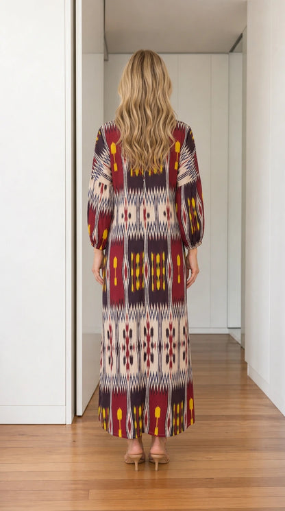Back view of burgundy printed maxi dress