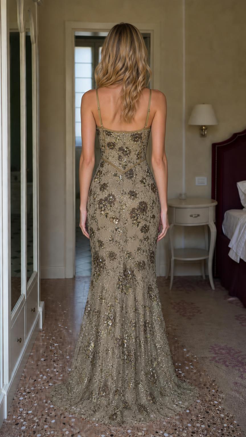 Model wearing olive sequin mermaid evening dress from the back
