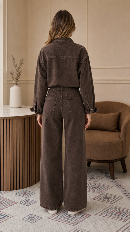 Back view of woman wearing brown wide-leg denim jumpsuit showing rear pockets and fit