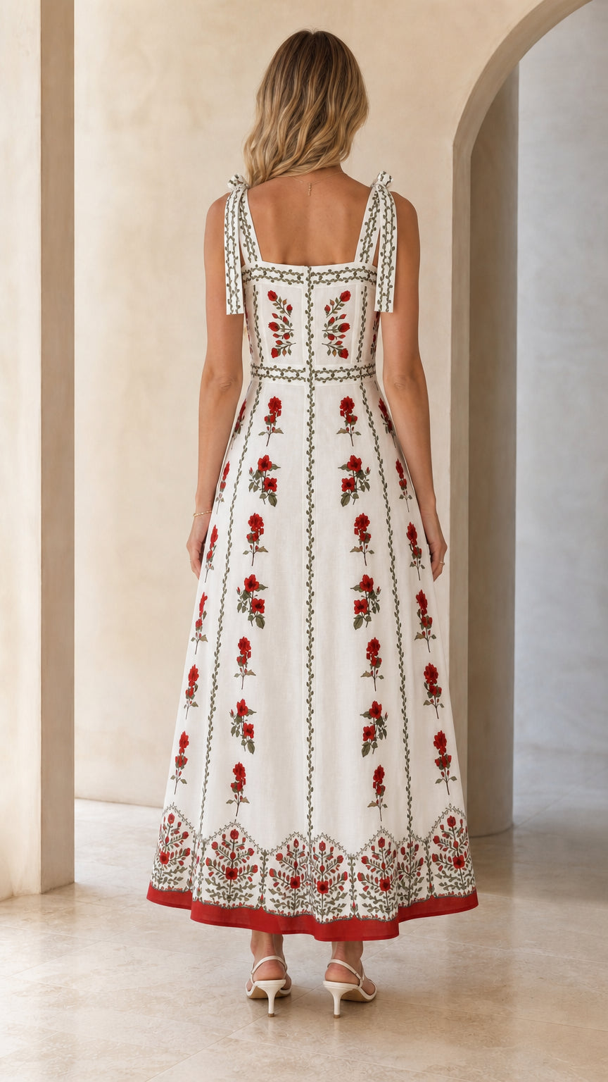 Back view of woman showing tie straps on white floral maxi dress