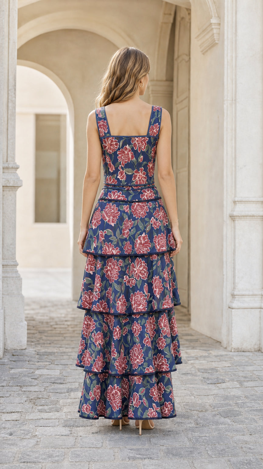 Back view of woman wearing navy floral tiered maxi dress