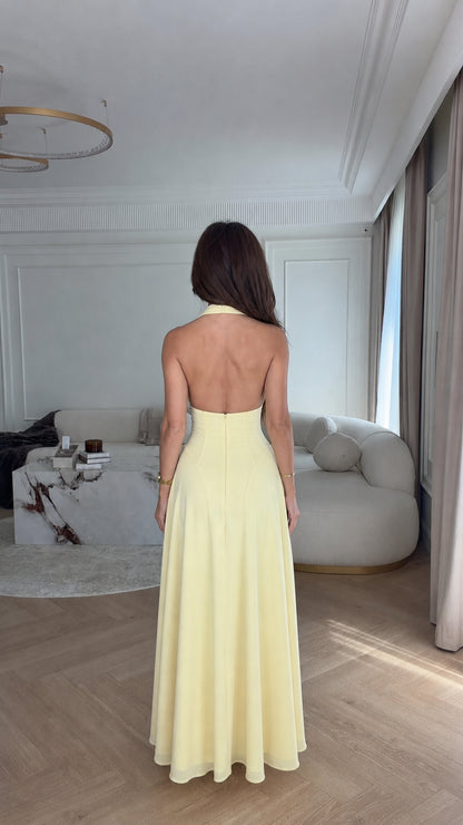 Back view showing open back detail of yellow maxi dress