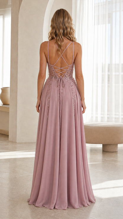 Back view showing lace-up details of mauve evening dress