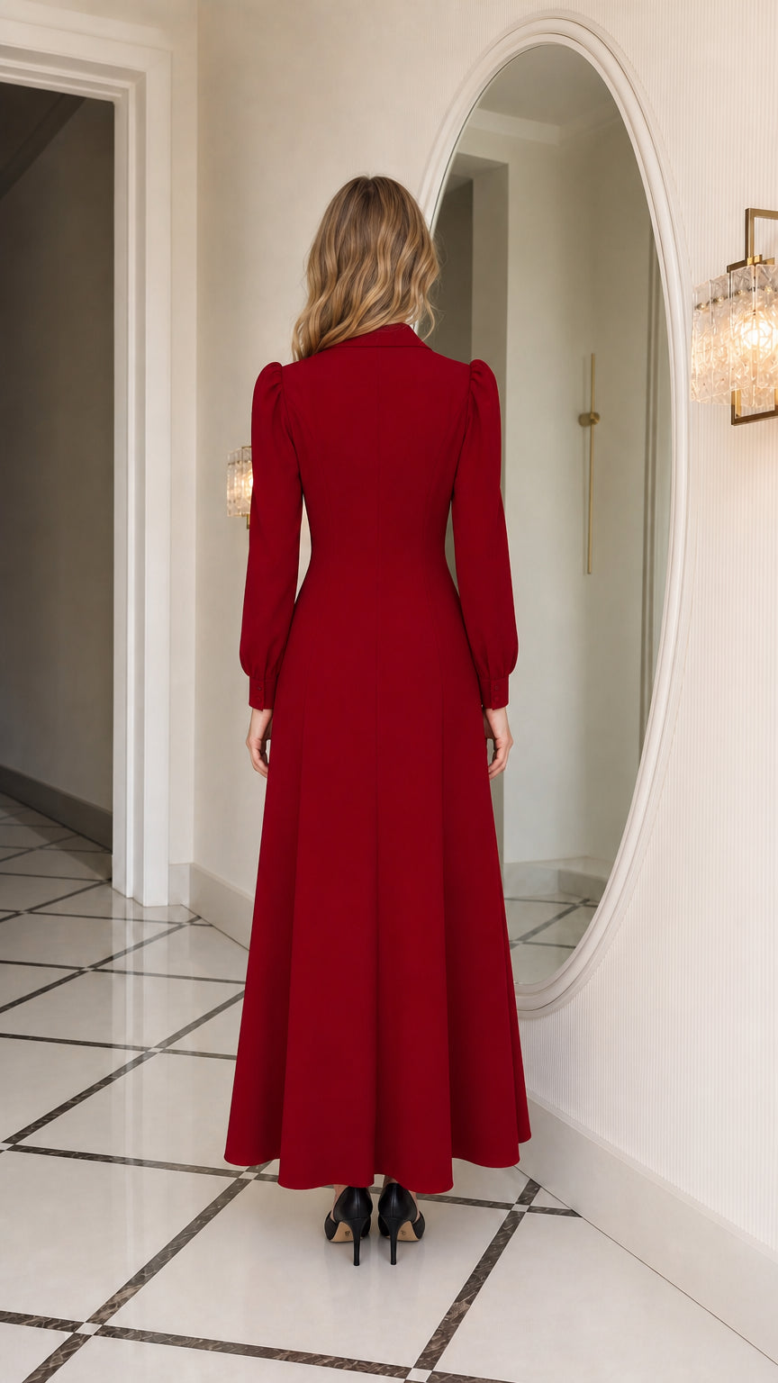 Back view of woman in burgundy button-down maxi dress