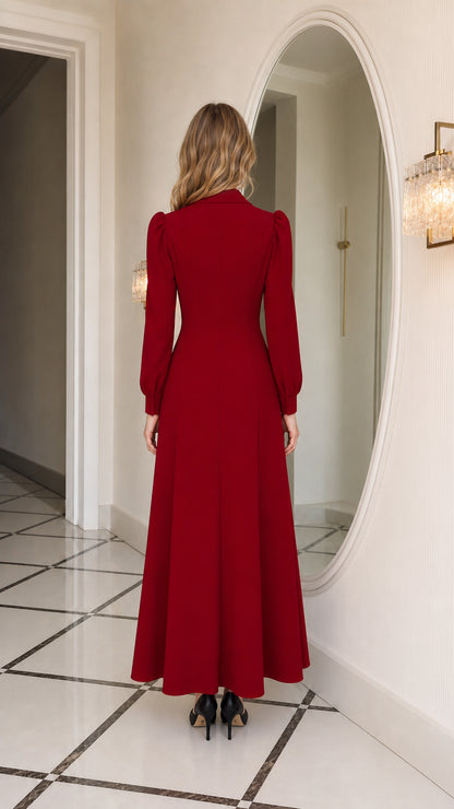 Back view of woman in burgundy button-down maxi dress