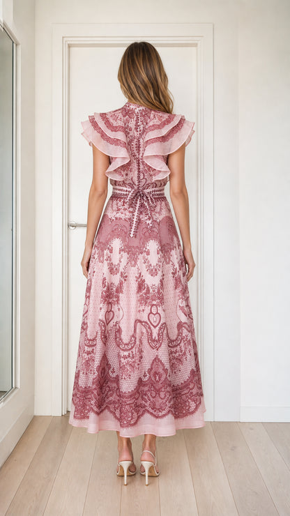 Pink ruffled midi dress back view with tie detail