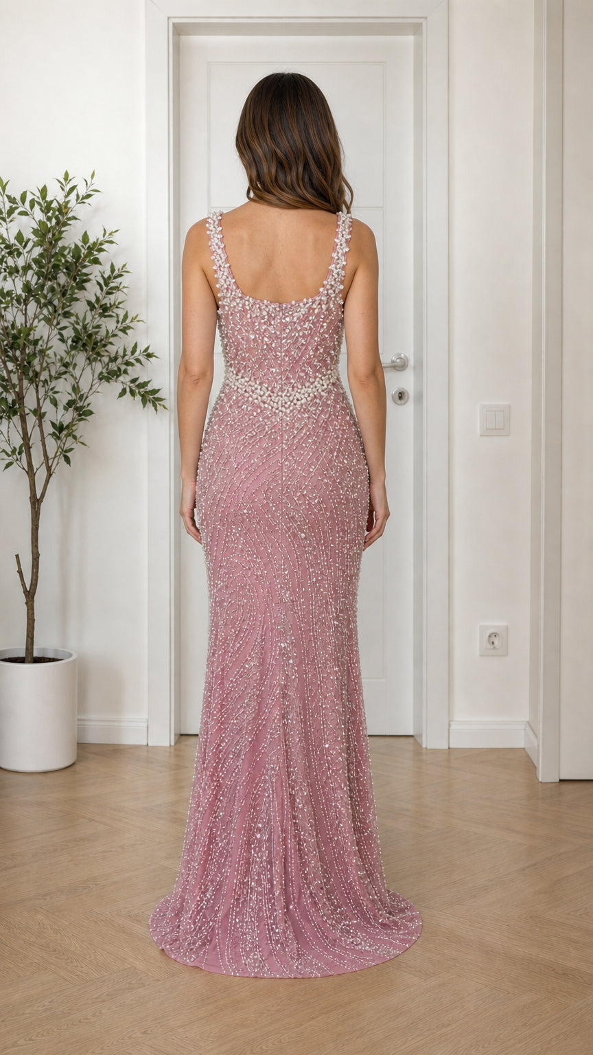 Back view of pink evening dress with scoop back