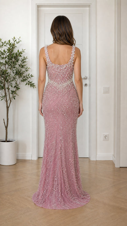 Back view of pink evening dress with scoop back