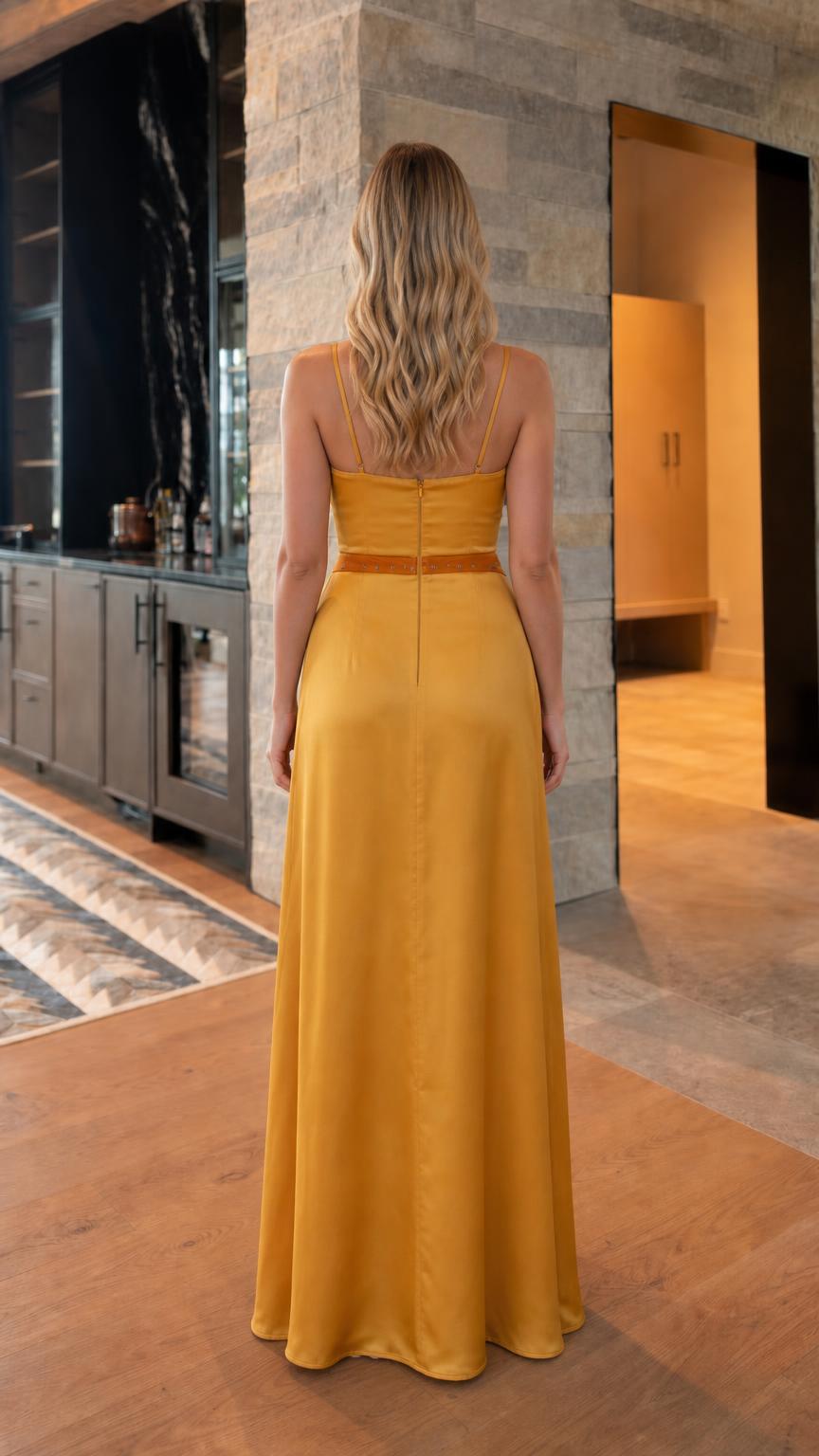 Back view of yellow satin evening gown