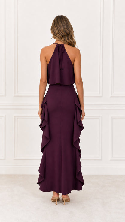 Model wearing Burgundy Two-Piece Ruffle Maxi Dress Set from the back