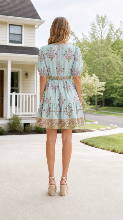 Back view of light blue floral mini dress