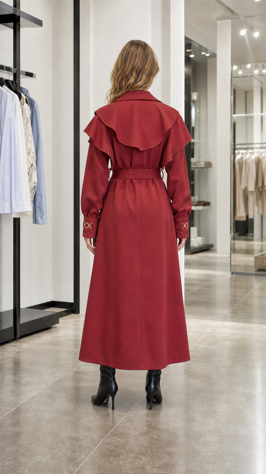 Back view of woman in red trench coat