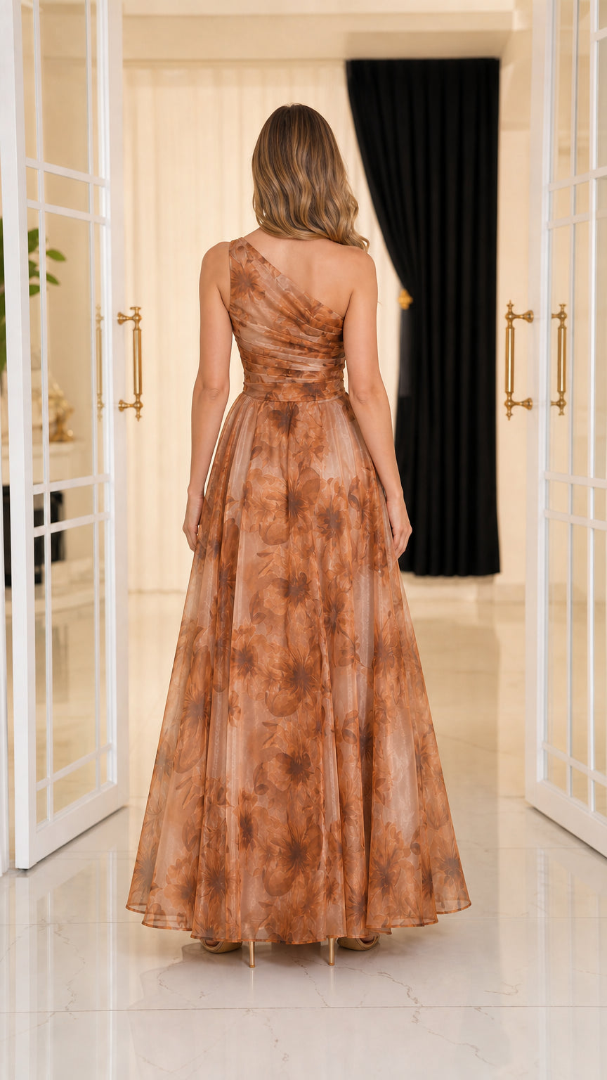 Back view of model in brown floral evening gown