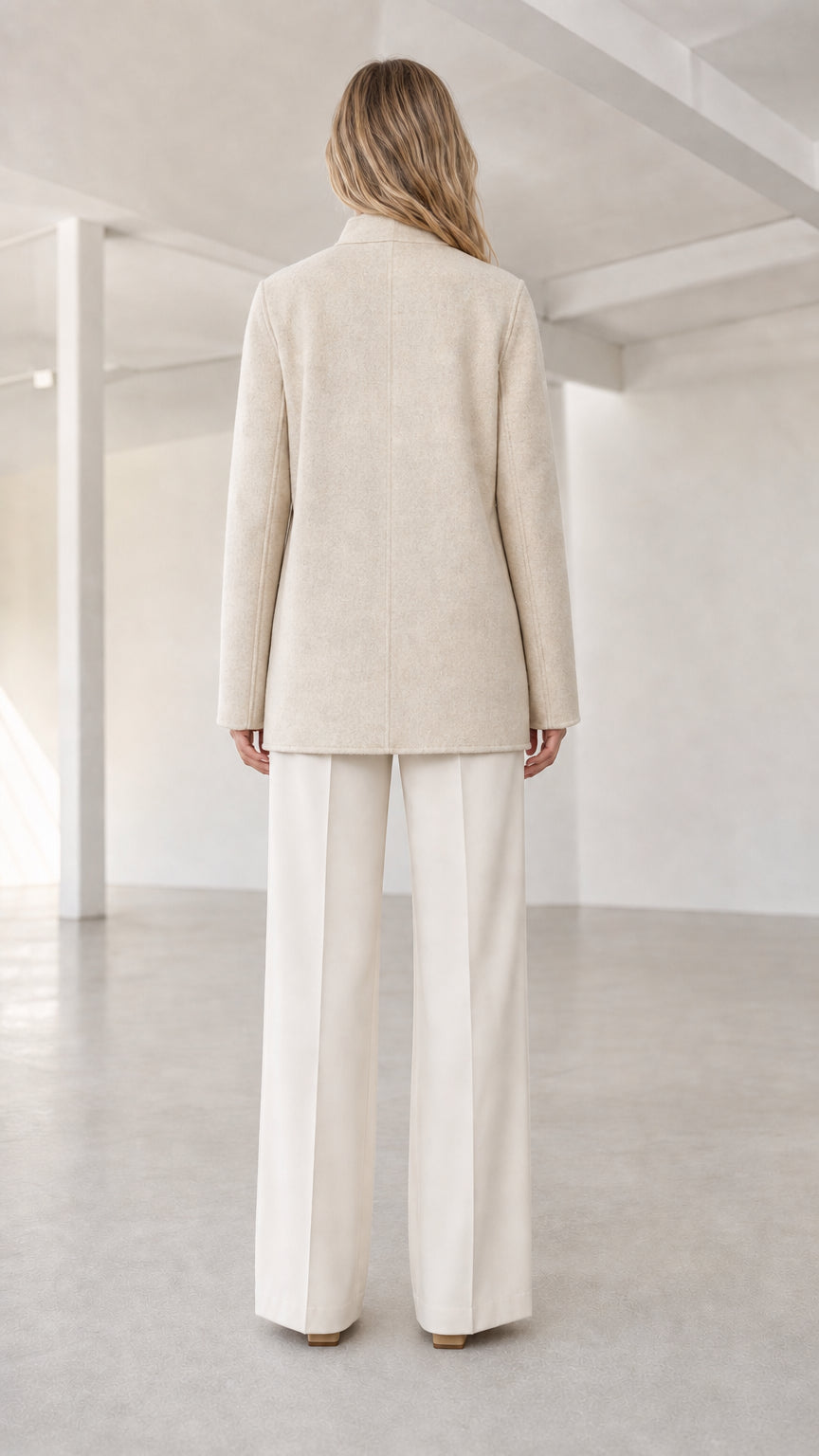 Back view of model showcasing clean back construction of cream stand collar coat