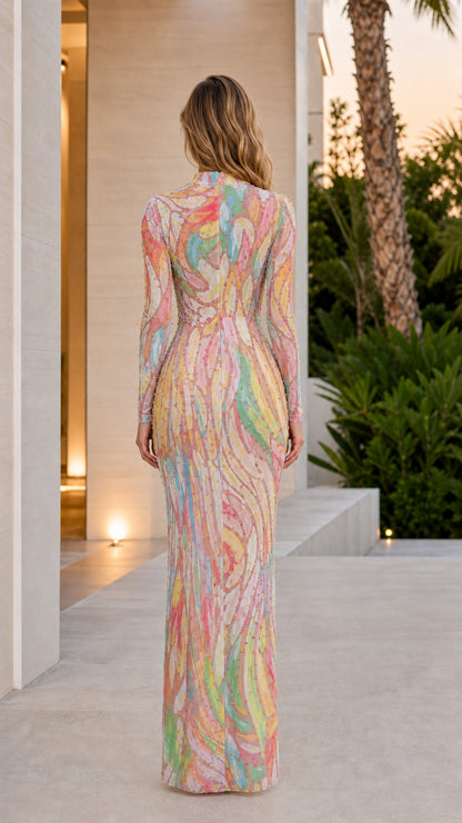 Model wearing Pastel Multicolor rhinestone mesh evening gown - back view