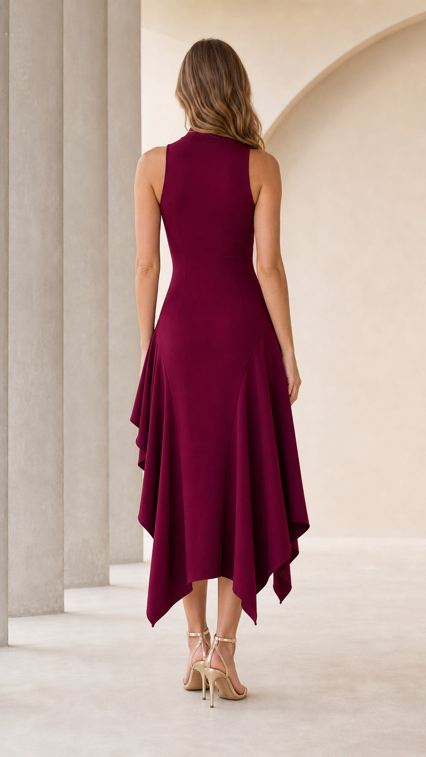 Back view of model in burgundy sleeveless midi dress