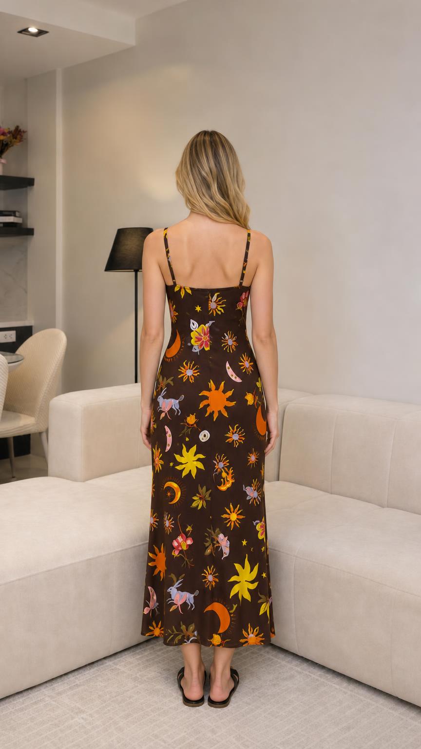 Back view of model wearing brown celestial print maxi dress