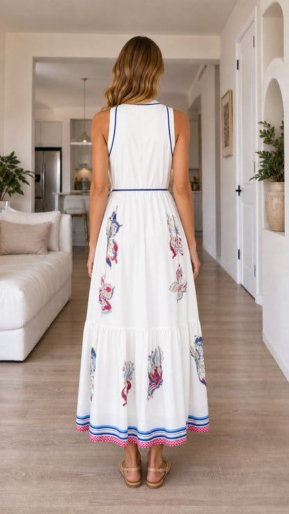 Back view of woman wearing white butterfly print maxi dress